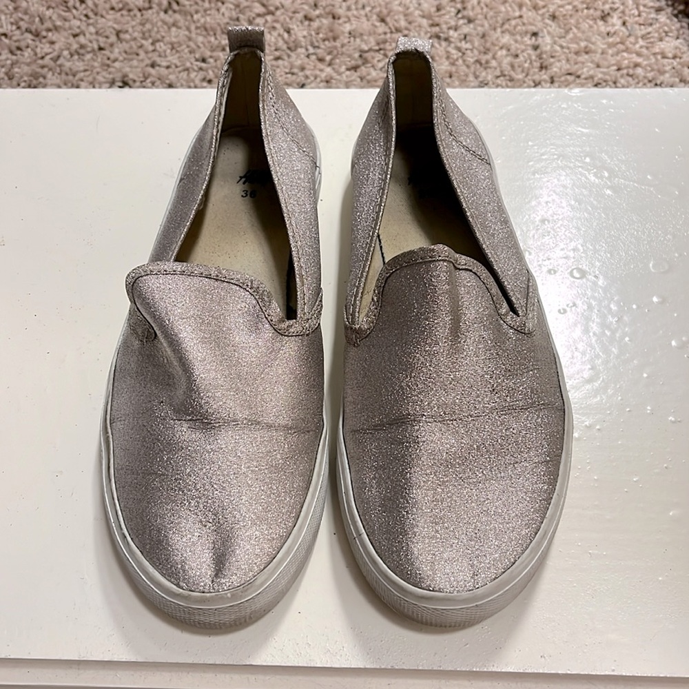 Champagne glitter slip ons